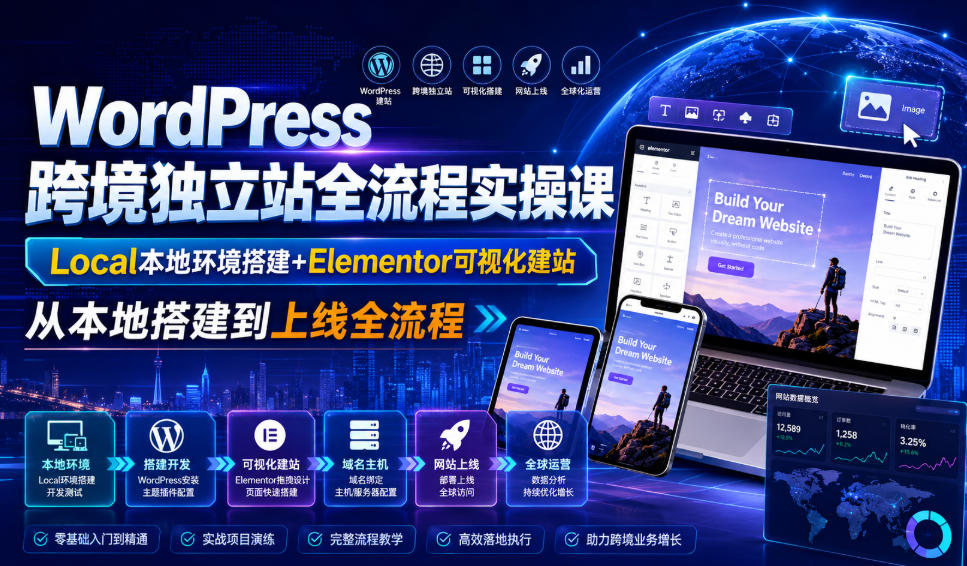 WordPress跨境独立站全流程实操课|Local本地环境搭建+Elementor可视化建站,从本地搭建到上线全流程-研习库
