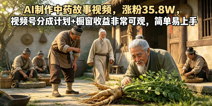 AI制作中药故事视频,涨粉35.8W,视频号分成计划+橱窗收益非常可观,简单易上手-研习库