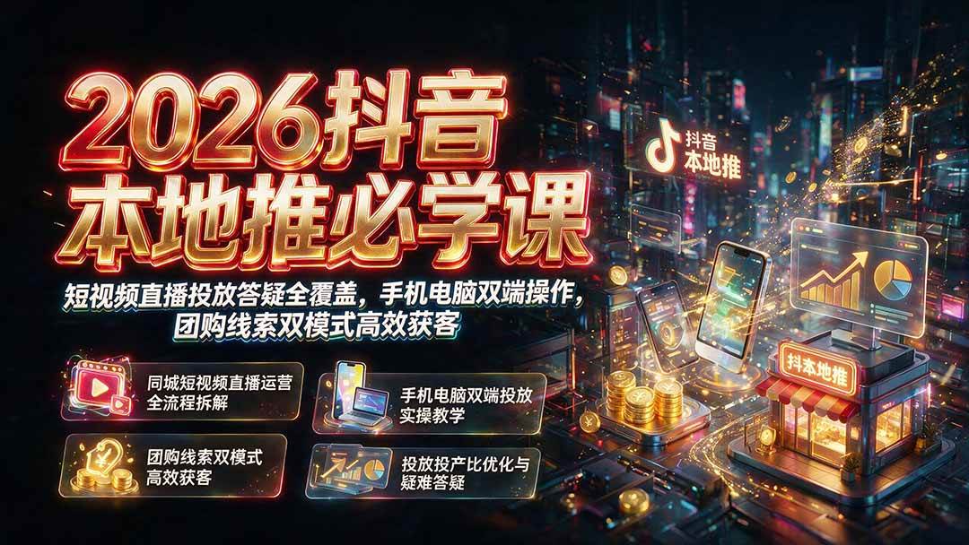 (19618期)2026抖音本地推必学课|短视频直播投放答疑全覆盖,手机电脑双端操作,团购线索双模式高效获客-研习库