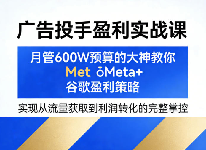 广告投手盈利实战课，月管600W预算的大神教你Meta+谷歌盈利策略，实现从流量获取到利润转化的完整掌控-研习库