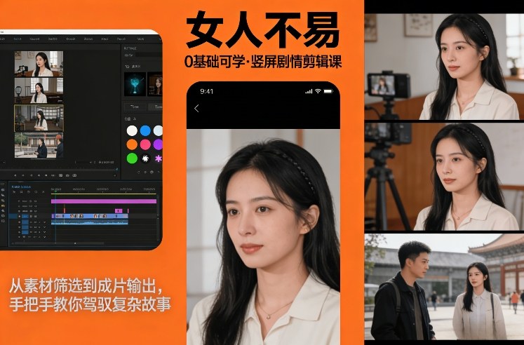 0基础可学！《女人不易》竖屏剧情剪辑课，从素材筛选到成片输出，手把手教你驾驭复杂故事-研习库