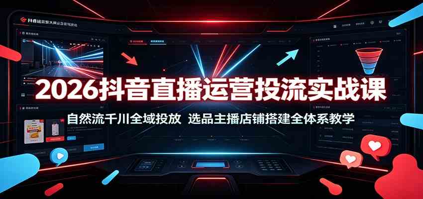 2026抖音直播运营投流实战课:自然流千川全域投放,选品主播店铺搭建全体系教学-研习库