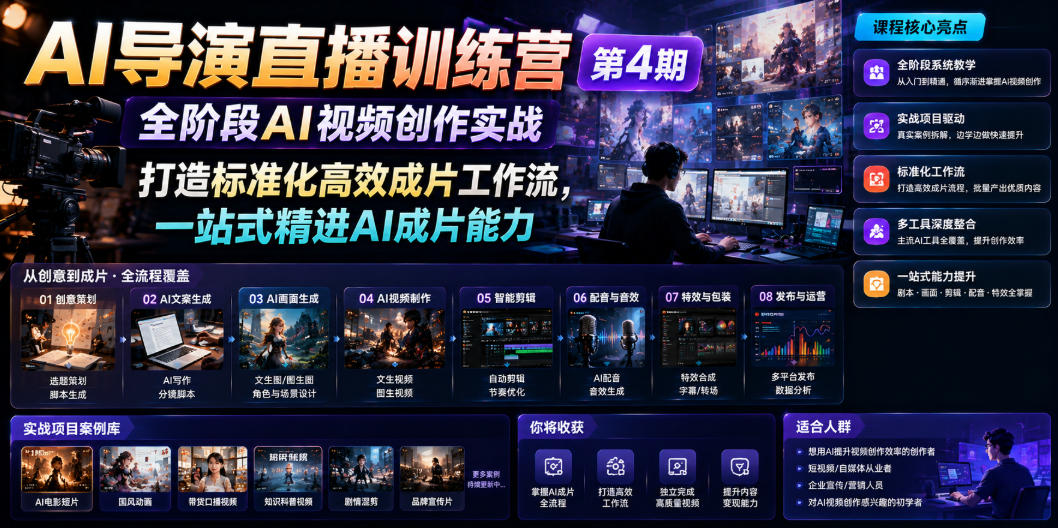 AI导演直播训练营第4期|全阶段AI视频创作实战,打造标准化高效成片工作流,一站式精进AI成片能力-研习库