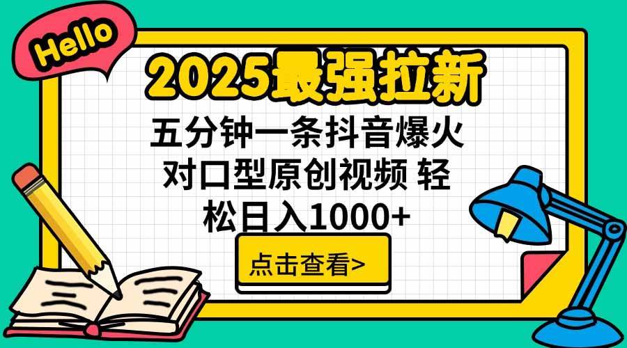 图片[1]-（15736期）2025最强拉新，单用户下载5块佣金，5分钟一条抖音爆火原创对口型视频，…-研习库
