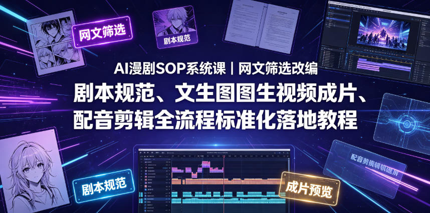 AI漫剧SOP系统课|网文筛选改编、剧本规范、文生图图生视频成片、配音剪辑全流程标准化落地教程-研习库