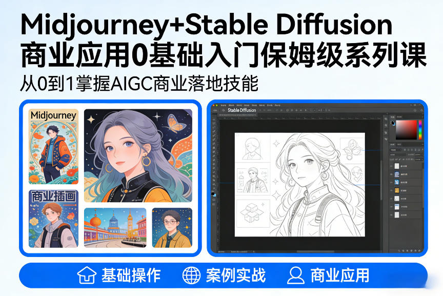 AIGC商业应用Midjourney+Stable Diffusion教程，0基础入门保姆级系列课-研习库