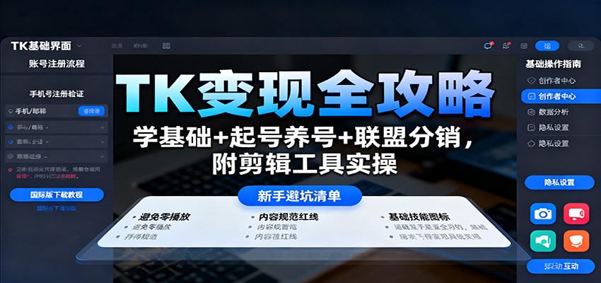 TK变现全攻略：学基础+起号养号+联盟分销，附剪辑工具实操-研习库