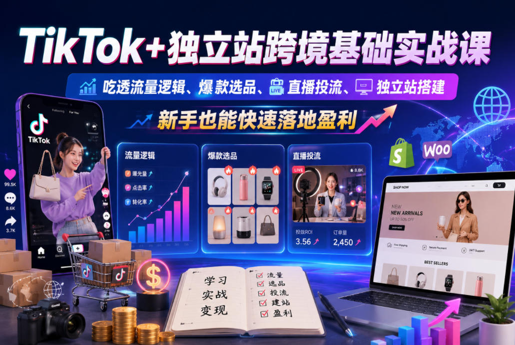 TikTok+独立站跨境基础实战课,吃透流量逻辑、爆款选品、直播投流与独立站搭建,新手也能快速落地盈利-研习库