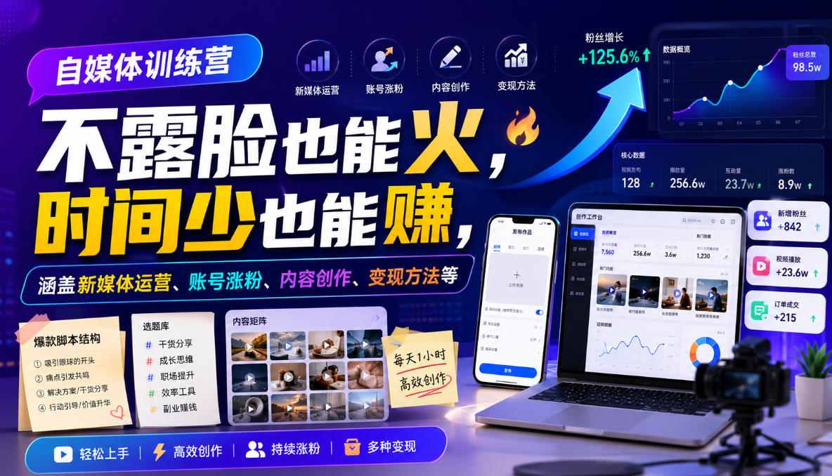 自媒体训练营，不露脸也能火，时间少也能賺，涵盖新媒体运营、账号涨粉、内容创作、变现方法等-研习库