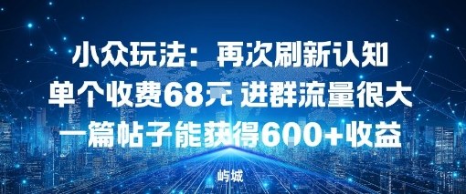 小众玩法:再次刷新认知单个收费68米进群流量很大一篇帖子能获得6张+收益