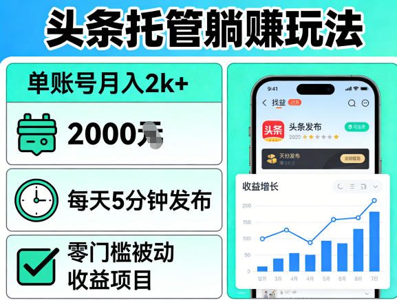 头条托管躺賺玩法,单账号月入2k+,每天5分钟发布即可,零门槛被动收益项目【揭秘】-研习库