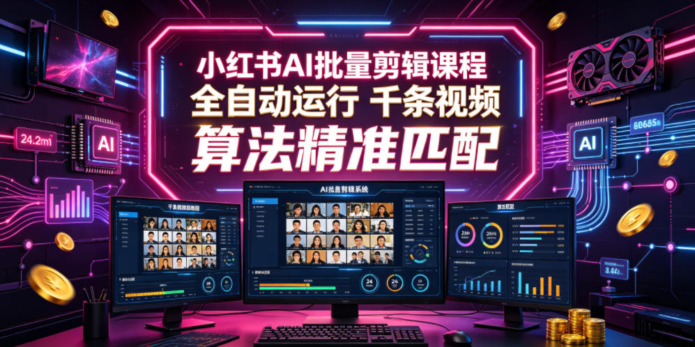 小红书AI批量剪辑课程,24小时全自动运行,解放双手专注运营,千条视频批量处理,小红书算法精准匹配-研习库