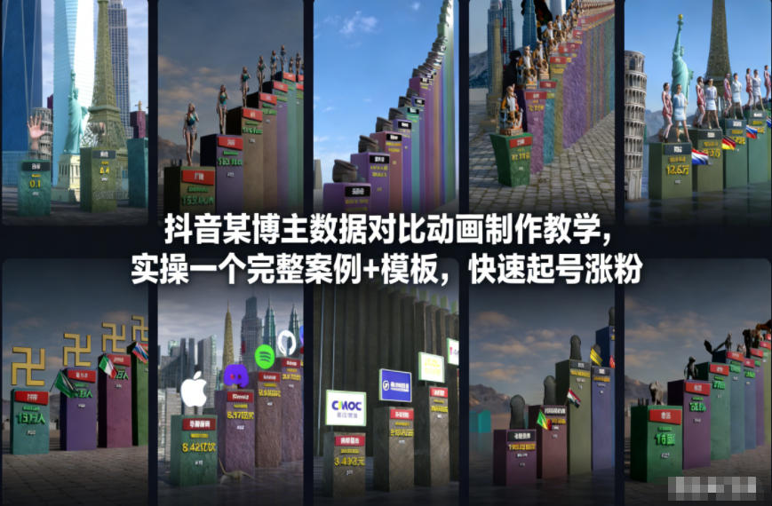 抖音某博主数据对比动画制作教学，实操完整案例+模板，快速起号涨粉-研习库