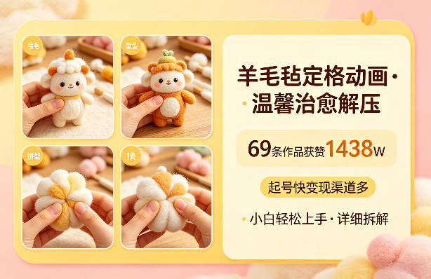 羊毛毡定格动画，温馨治愈解压，69条作品获赞1438W，起号快变现渠道多，小白轻松上手，详细拆解-研习库