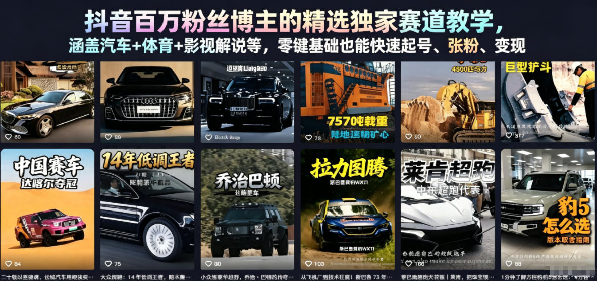 抖音百万粉丝博主的精选独家赛道教学，涵盖汽车+体育+影视解说等，零基础也能快速起号、涨粉、变现-研习库