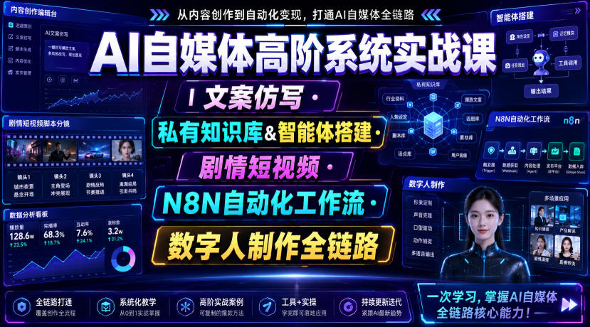 AI自媒体高阶系统实战课|文案仿写・私有知识库&智能体搭建・剧情短视频・N8N自动化工作流・数字人制作全链路-研习库