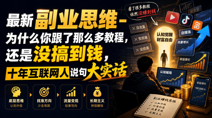 最新副业思维-为什么你跟了那么多教程,还是没搞到钱,十年互联网人说句大实话【揭秘】-研习库