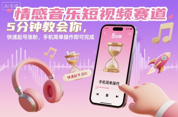 情感音乐短视频赛道，5分钟教会你，快速起号涨粉，手机简单操作即可完成-研习库