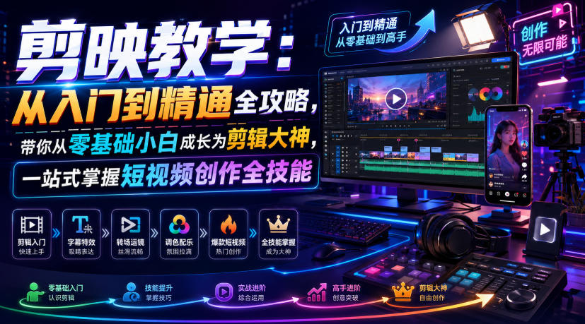 剪映教学:从入门到精通全攻略,带你从零基础小白成长为剪辑大神,一站式掌握短视频创作全技能-研习库