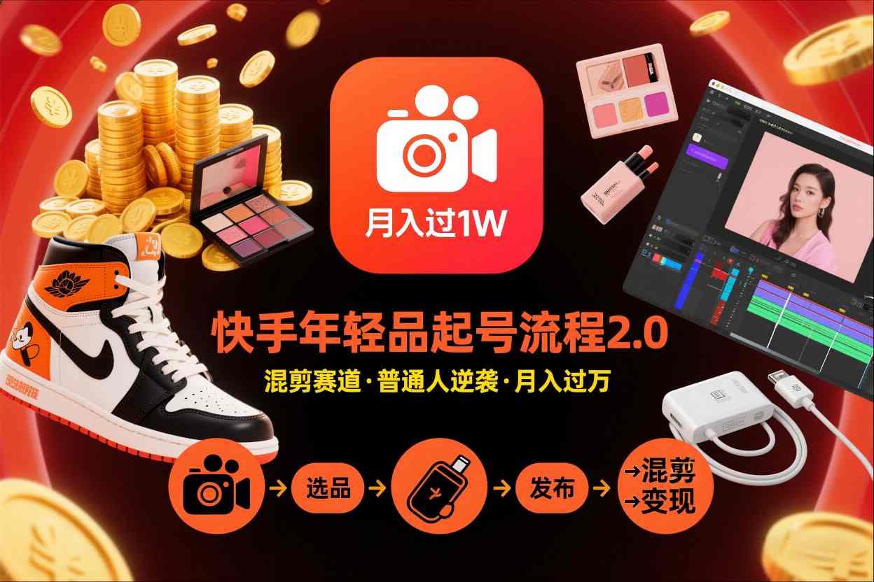 快手短视频带货年轻品起号流程2.0，快手年轻品混剪赛道，普通人也能月入过1W-研习库