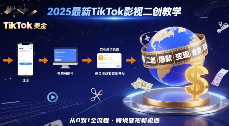 2025年最新TikTok影视二创教学，从注册到发布撸美金全流程，跨境变现新机遇-研习库