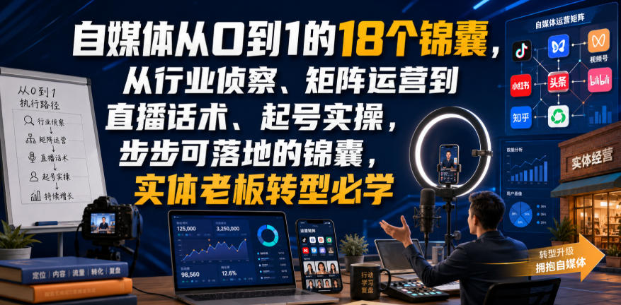 自媒体从0到1的18个锦囊,从行业侦察、矩阵运营到直播话术、起号实操,步步可落地的锦囊,实体老板转型必学-研习库