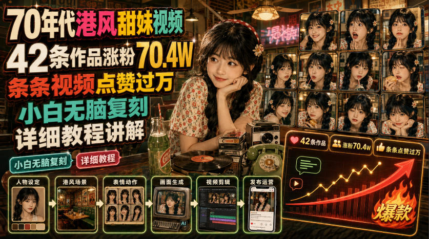 70年代港风甜妹视频,42条作品涨粉70.4W,条条视频点赞过万,小白无脑复刻,详细教程讲解-研习库