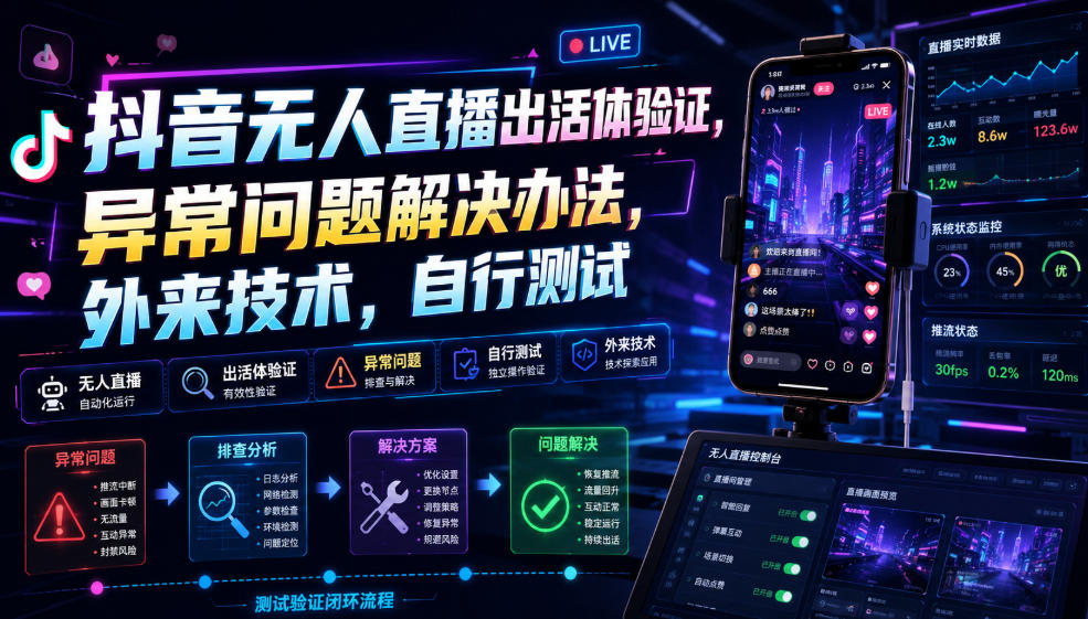 抖音无人直播出活体验证，异常问题解决办法，外来技术，自行测试-研习库