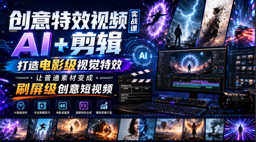 创意特效视频实战课,AI+剪辑打造电影级视觉特效,让普通素材变成刷屏级创意短视频-研习库
