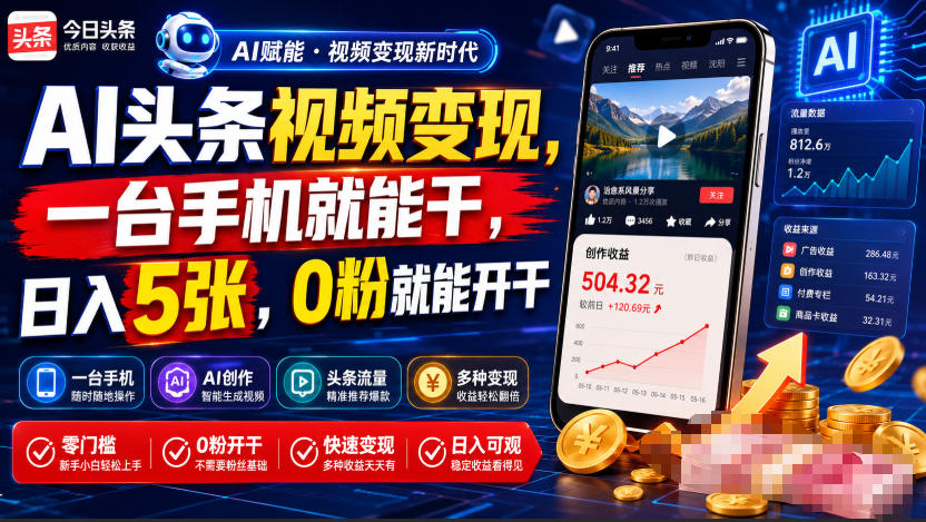 AI头条视频变现，一台手机就能干，日入5张，0粉就能开干-研习库
