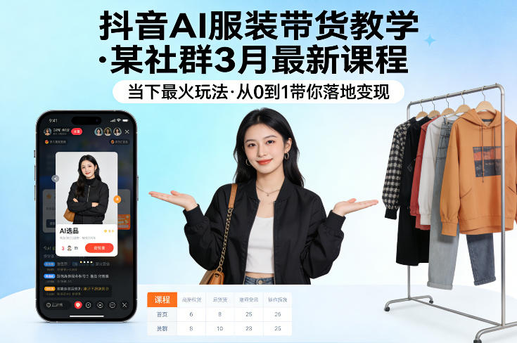 抖音AI服装带货教学，某社群3月最新课程，当下最火玩法，从0到1带你落地变现-研习库
