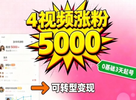 小红书暴力起号方法,四个视频涨粉5000,起号后可转型,操作简单,对小白友好-研习库