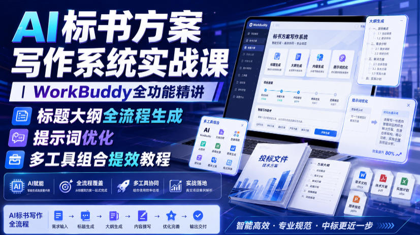 AI标书方案写作系统实战课|WorkBuddy全功能精讲・标题大纲全流程生成・提示词优化・多工具组合提效教程-研习库