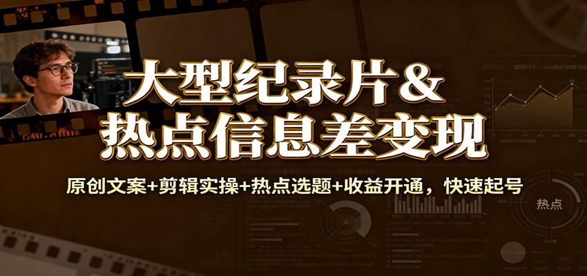 大型纪录片&热点信息差变现：原创文案+剪辑实操+热点选题+收益开通，快速起号-研习库