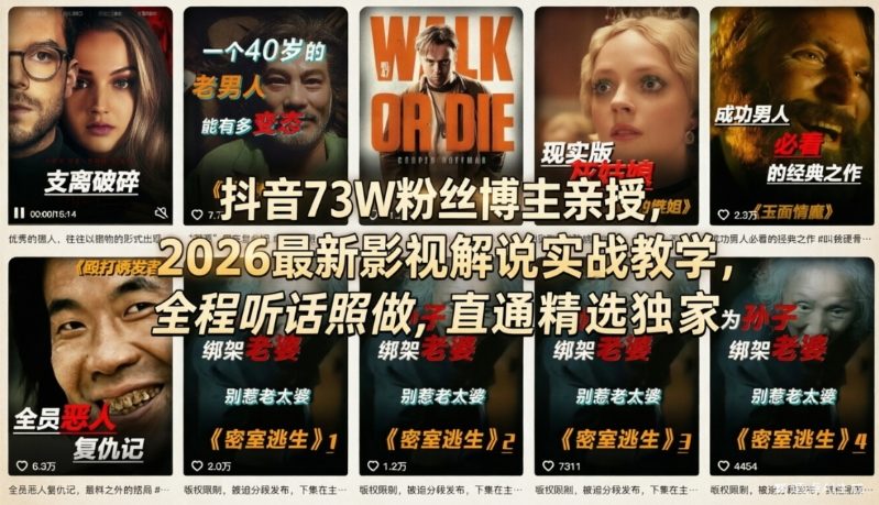 抖音73W粉丝博主亲授，2026最新影视解说实战教学，全程听话照做，直通精选独家-研习库