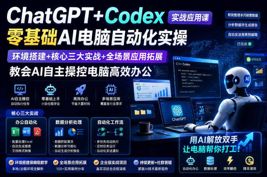 ChatGPT+Codex实战应用课｜零基础AI电脑自动化实操，环境搭建+核心三大实战+全场景应用拓展，教会AI自主操控电脑高效办公-研习库