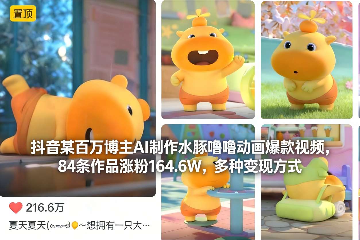 抖音某百万博主AI制作水豚噜噜动画爆款视频，84条作品涨粉164.6W，多种变现方式-研习库
