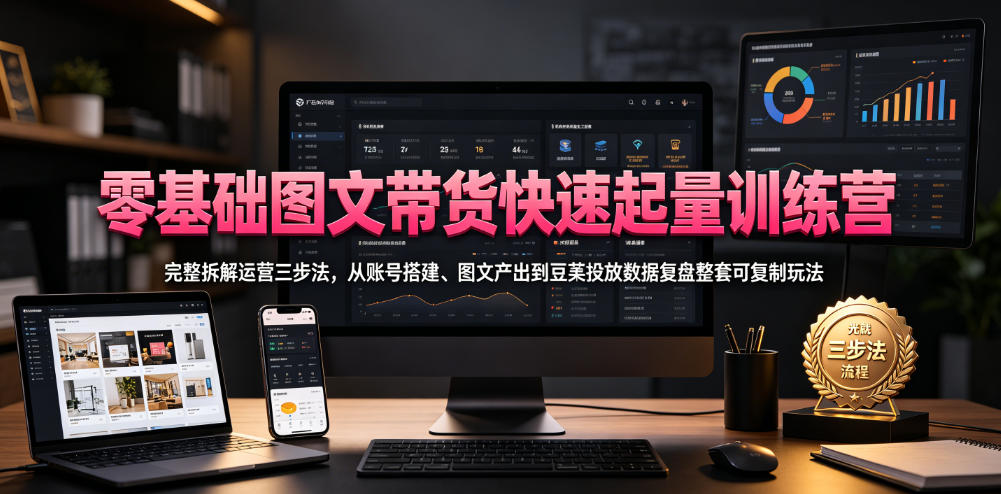 零基础图文带货快速起量训练营,完整拆解运营三步法,从账号搭建、图文产出到豆荚投放数据复盘整套可复制玩法-研习库