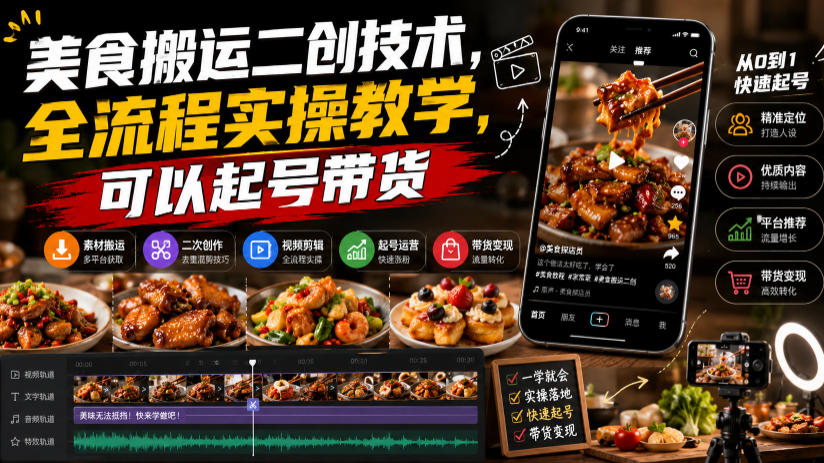 美食搬运二创技术,全流程实操教学,可以起号带货-研习库