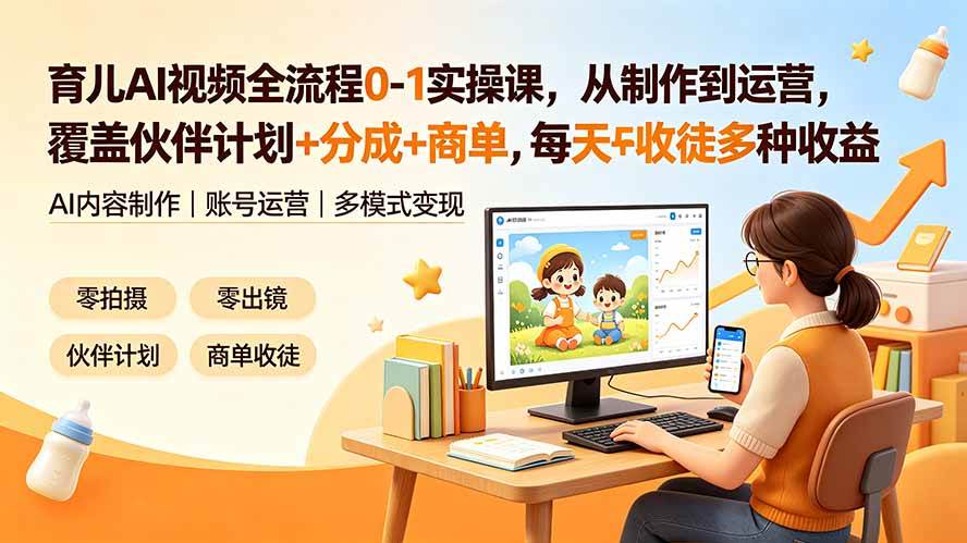 （19236期）育儿AI视频全流程0-1实操课，从制作到运营，覆盖伙伴计划+分成+商单+收徒多种收益，每天500+收益