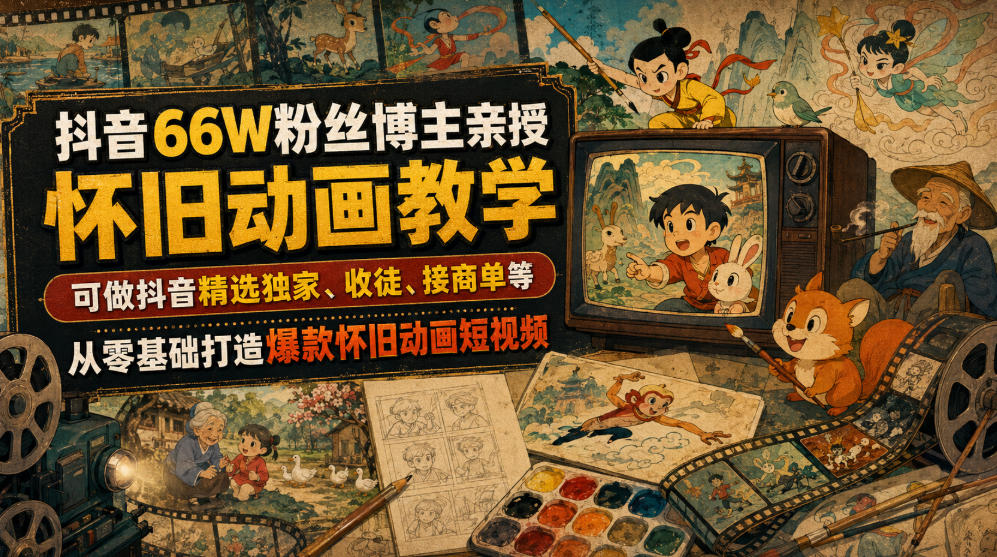抖音66W粉丝博主亲授怀旧动画教学，可做抖音精选独家、收徒、接商单等，从零基础打造爆款怀旧动画短视频-研习库