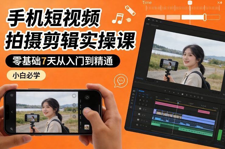 手机短视频拍摄剪辑实操课，零基础7天从入门到精通，小白必学-研习库