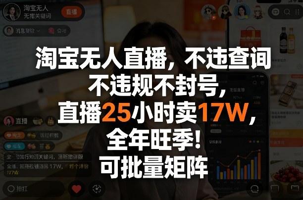 淘宝无人直播，不违规不封号，直播25小时卖17W，全年旺季！可批量矩阵【揭秘】-研习库
