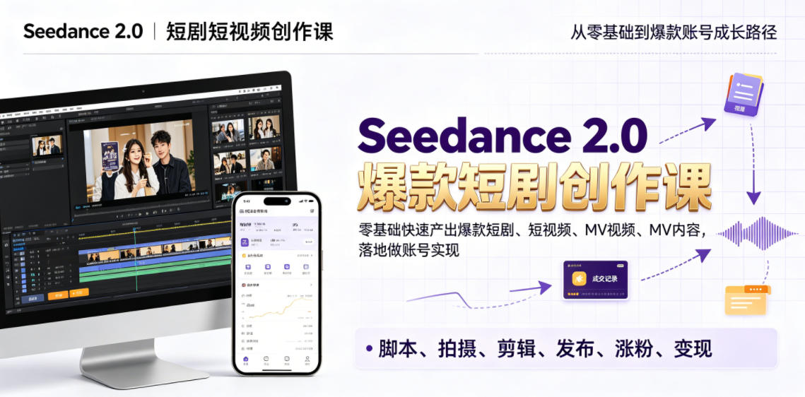 Seedance 2.0短剧短视频创作课,零基础快速产出爆款短剧、短视频、MV内容,落地做账号实现变现-研习库