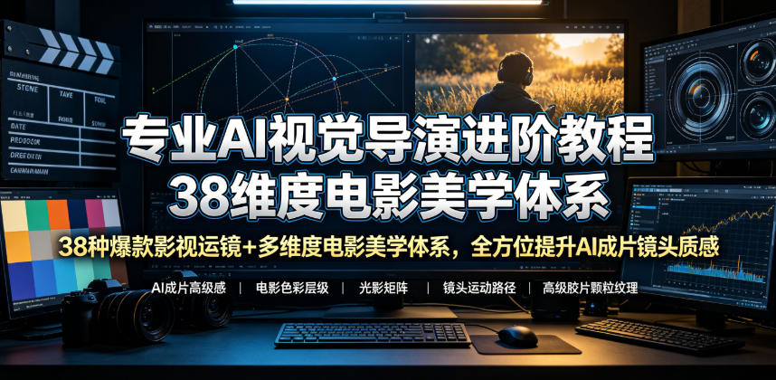 专业AI视觉导演进阶教程，38种爆款影视运镜+多维度电影美学体系，全方位提升AI成片高级感与镜头质感-研习库