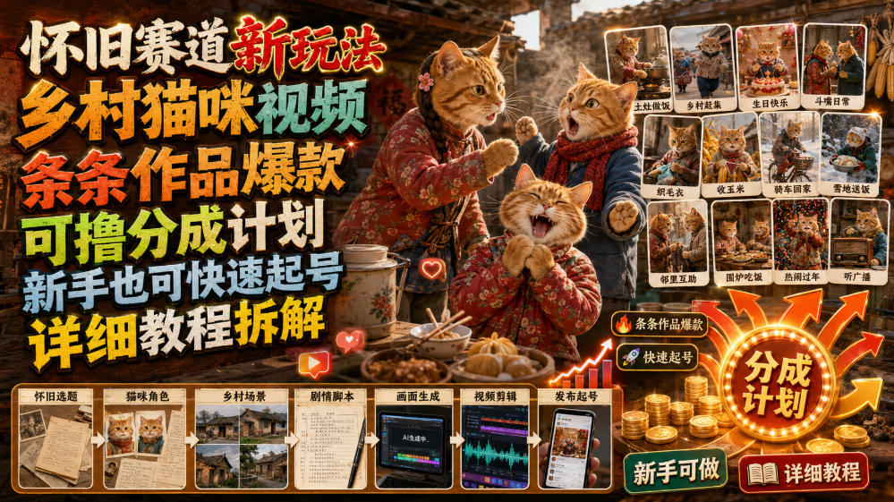 怀旧赛道新玩法,乡村猫咪视频,条条作品爆款,可撸分成计划,新手也可快速起号,详细教程拆解-研习库