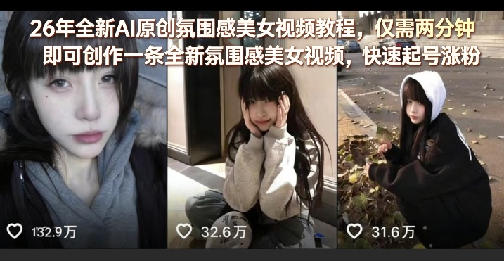 26年全新AI原创氛围感美女视频教程,仅需两分钟即可创作一条全新氛围感美女视频,快速起号涨粉-研习库