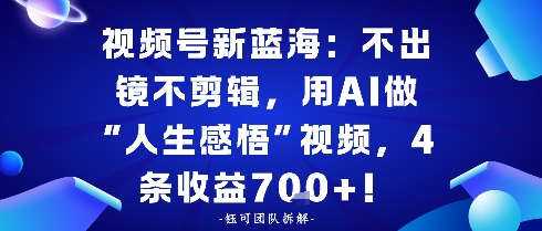 视频号新蓝海:不出镜不剪辑,用AI做“人生感悟”视频,4条收益7张-研习库