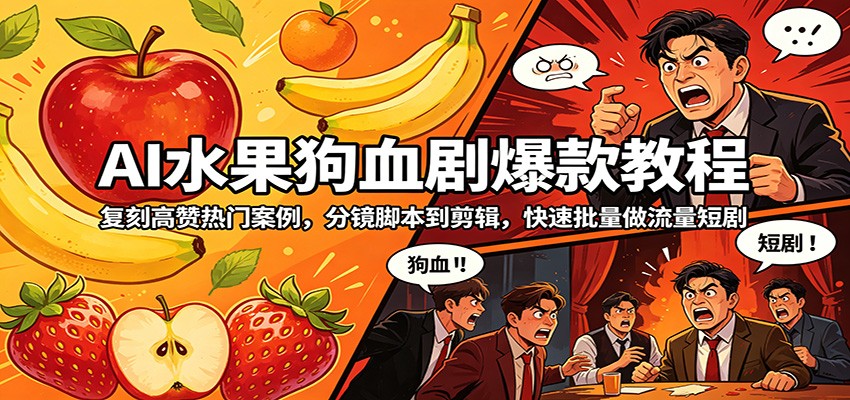 AI水果狗血剧爆款教程：复刻高赞热门案例，分镜脚本到剪辑，快速批量做流量短剧-研习库