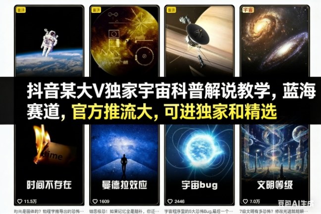 抖音某大V独家宇宙科普解说教学,蓝海赛道,官方推流大,可进独家和精选-研习库